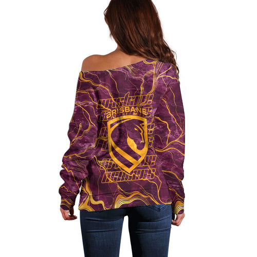 Brisbane Broncos Off Shoulder Sweater Gold Marble Pattern With Vibrant Topography Lines