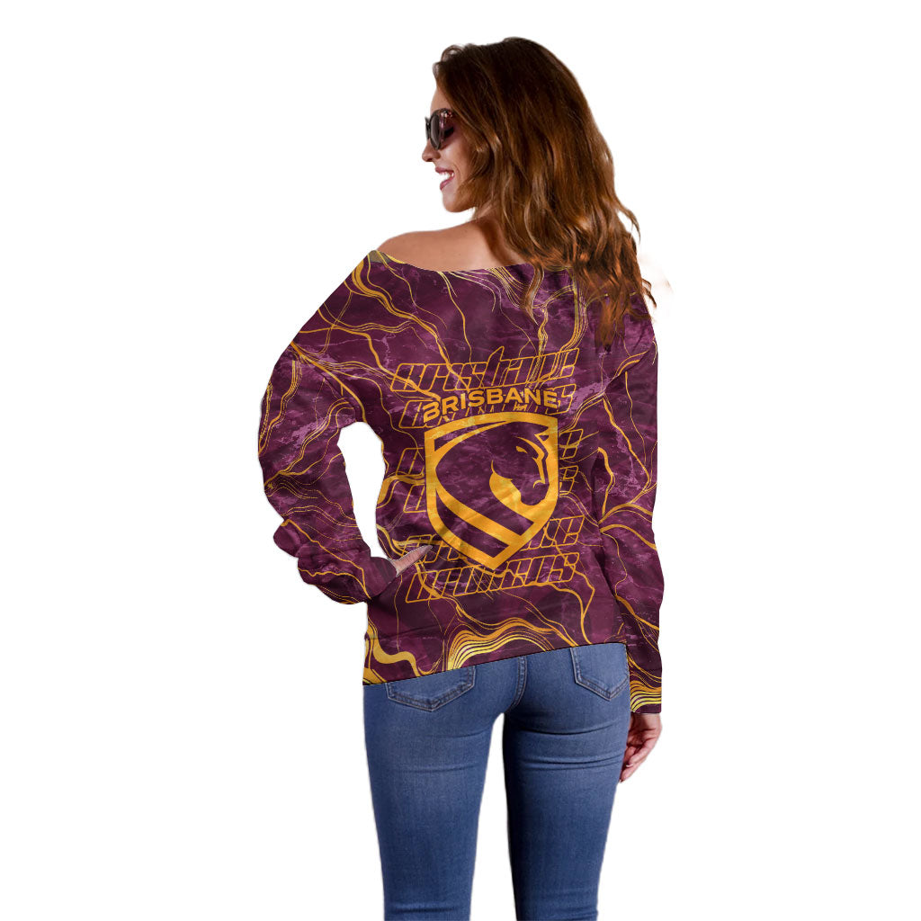 Brisbane Broncos Off Shoulder Sweater Gold Marble Pattern With Vibrant Topography Lines