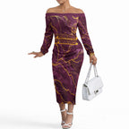 Brisbane Broncos Off The Shoulder Long Sleeve Dress Gold Marble Pattern With Vibrant Topography Lines