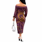 Brisbane Broncos Off The Shoulder Long Sleeve Dress Gold Marble Pattern With Vibrant Topography Lines