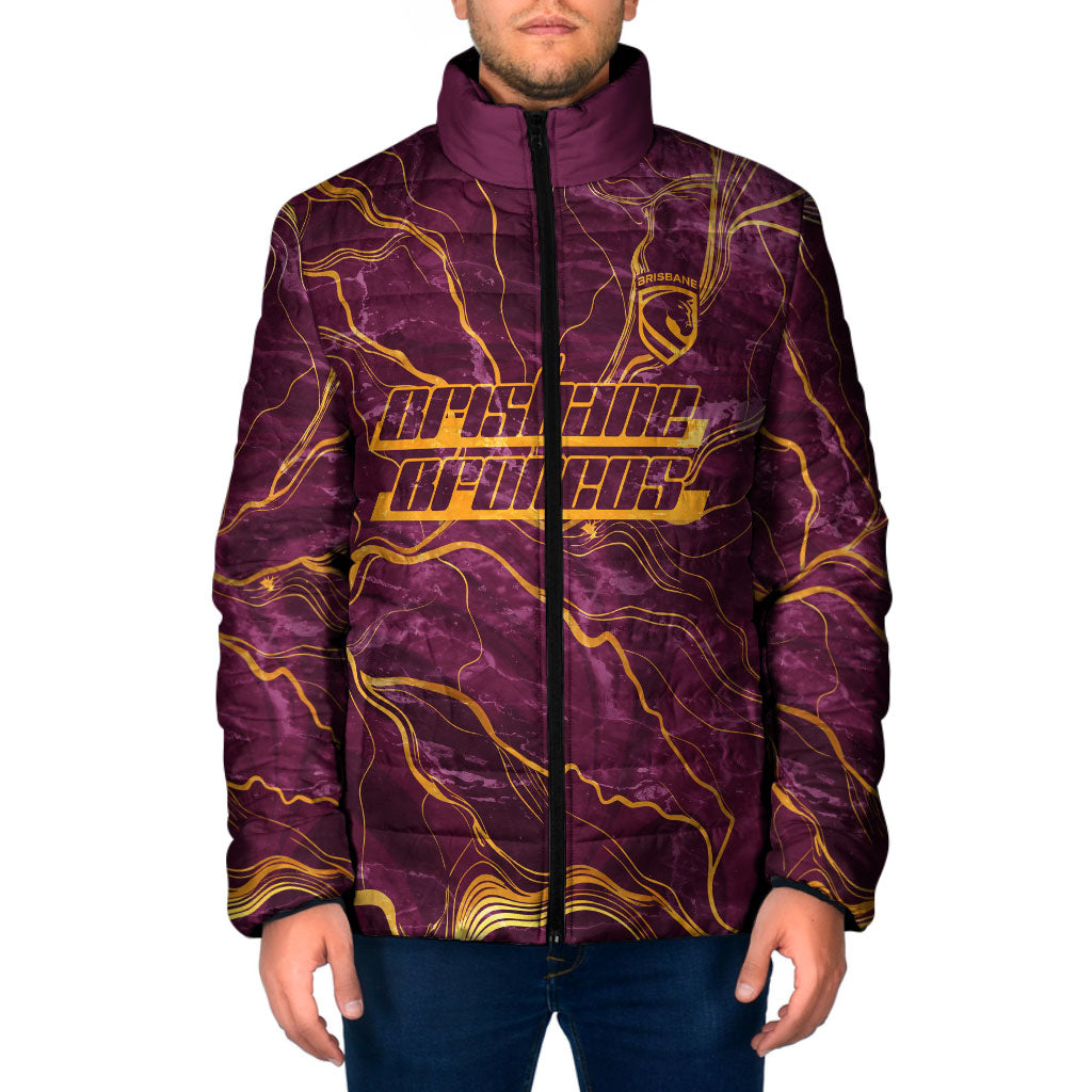 Brisbane Broncos Padded Jacket Gold Marble Pattern With Vibrant Topography Lines
