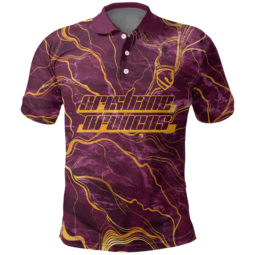 Brisbane Broncos Polo Shirt Gold Marble Pattern With Vibrant Topography Lines