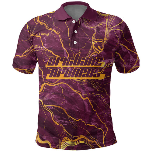Brisbane Broncos Polo Shirt Gold Marble Pattern With Vibrant Topography Lines