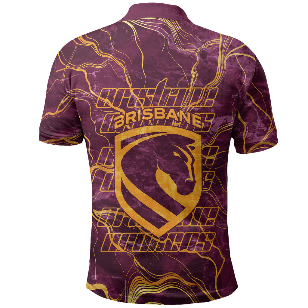 Brisbane Broncos Polo Shirt Gold Marble Pattern With Vibrant Topography Lines