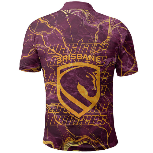 Brisbane Broncos Polo Shirt Gold Marble Pattern With Vibrant Topography Lines