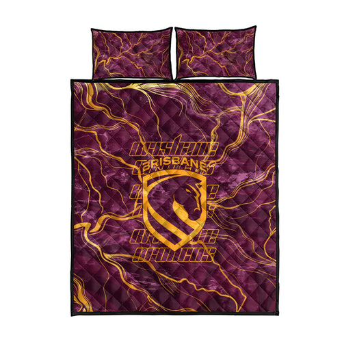 Brisbane Broncos Quilt Bed Set Gold Marble Pattern With Vibrant Topography Lines
