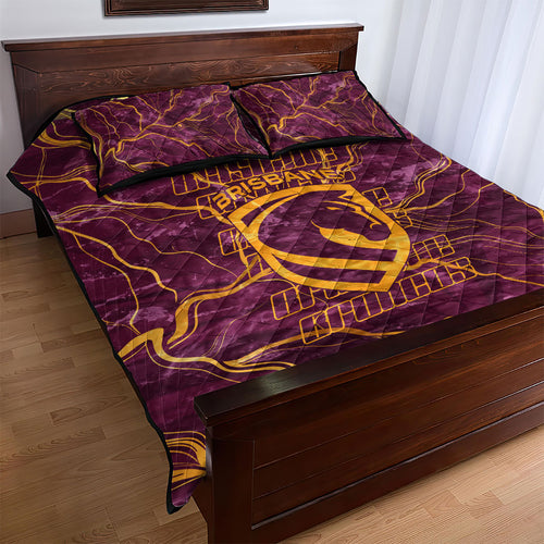 Brisbane Broncos Quilt Bed Set Gold Marble Pattern With Vibrant Topography Lines