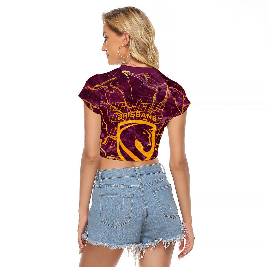 Brisbane Broncos Raglan Cropped T Shirt Gold Marble Pattern With Vibrant Topography Lines