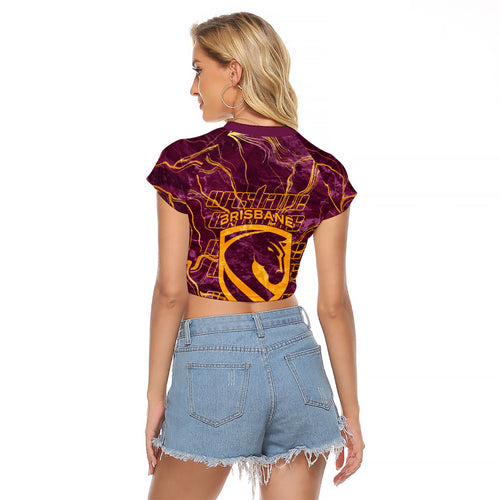 Brisbane Broncos Raglan Cropped T Shirt Gold Marble Pattern With Vibrant Topography Lines