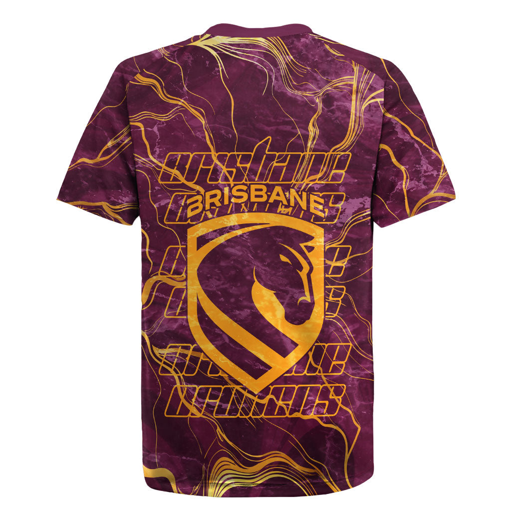 Brisbane Broncos Rugby Jersey Gold Marble Pattern With Vibrant Topography Lines