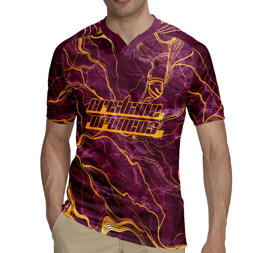 Brisbane Broncos Rugby Jersey Gold Marble Pattern With Vibrant Topography Lines