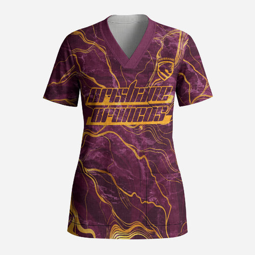 Brisbane Broncos Scrub Top Gold Marble Pattern With Vibrant Topography Lines