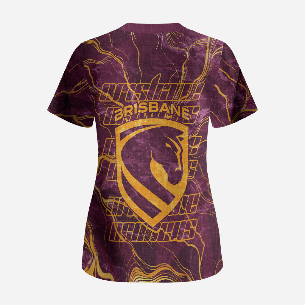 Brisbane Broncos Scrub Top Gold Marble Pattern With Vibrant Topography Lines