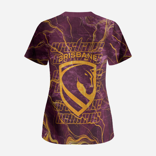 Brisbane Broncos Scrub Top Gold Marble Pattern With Vibrant Topography Lines