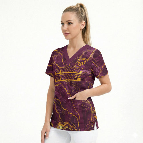 Brisbane Broncos Scrub Top Gold Marble Pattern With Vibrant Topography Lines