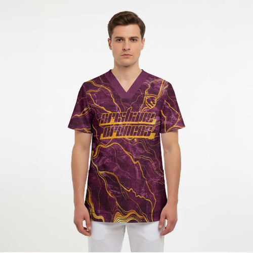 Brisbane Broncos Scrub Top Gold Marble Pattern With Vibrant Topography Lines