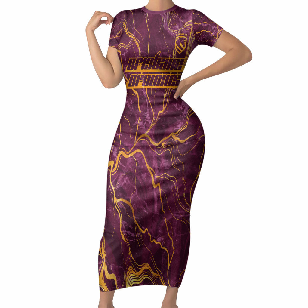 Brisbane Broncos Short Sleeve Bodycon Dress Gold Marble Pattern With Vibrant Topography Lines
