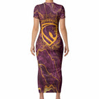 Brisbane Broncos Short Sleeve Bodycon Dress Gold Marble Pattern With Vibrant Topography Lines