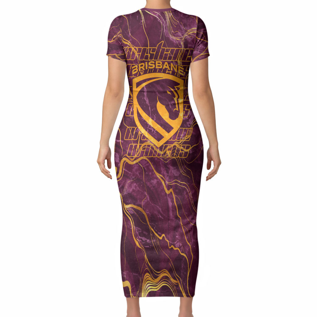 Brisbane Broncos Short Sleeve Bodycon Dress Gold Marble Pattern With Vibrant Topography Lines