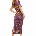 Brisbane Broncos Short Sleeve Bodycon Dress Gold Marble Pattern With Vibrant Topography Lines