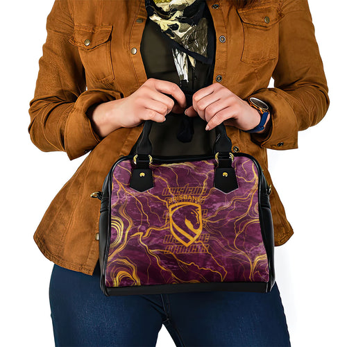 Brisbane Broncos Shoulder Handbag Gold Marble Pattern With Vibrant Topography Lines
