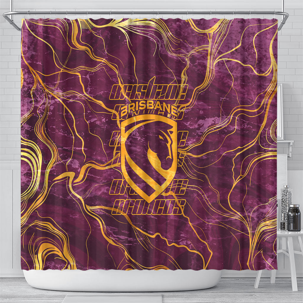 Brisbane Broncos Shower Curtain Gold Marble Pattern With Vibrant Topography Lines
