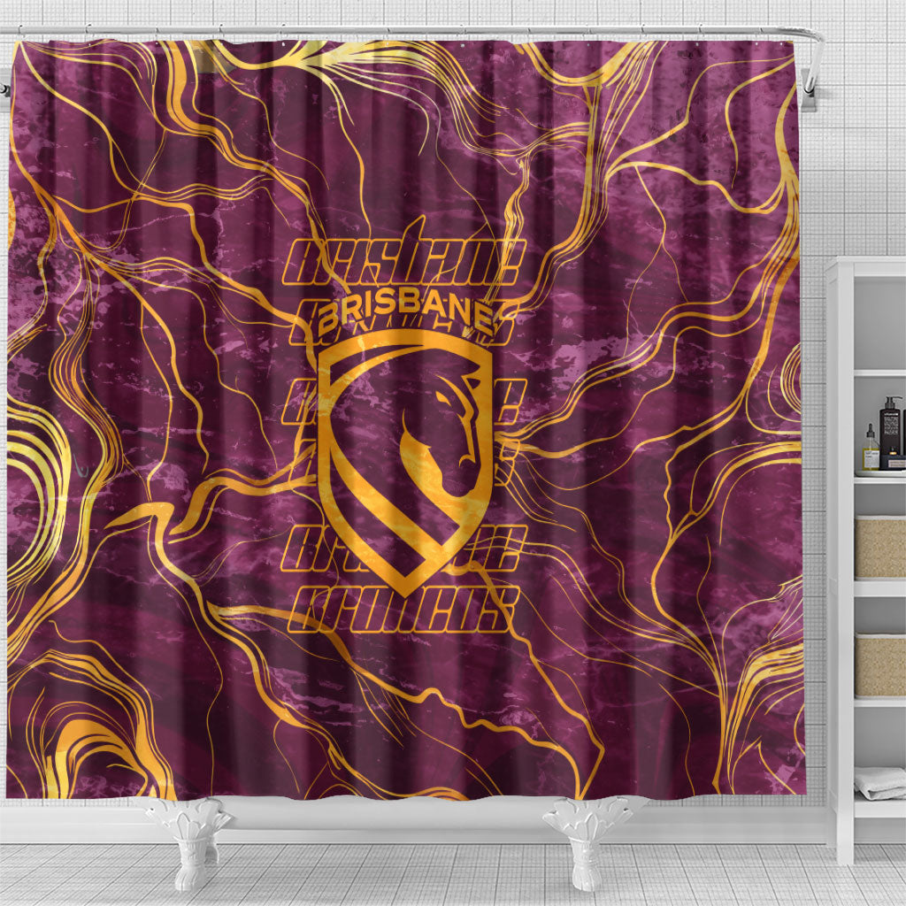 Brisbane Broncos Shower Curtain Gold Marble Pattern With Vibrant Topography Lines