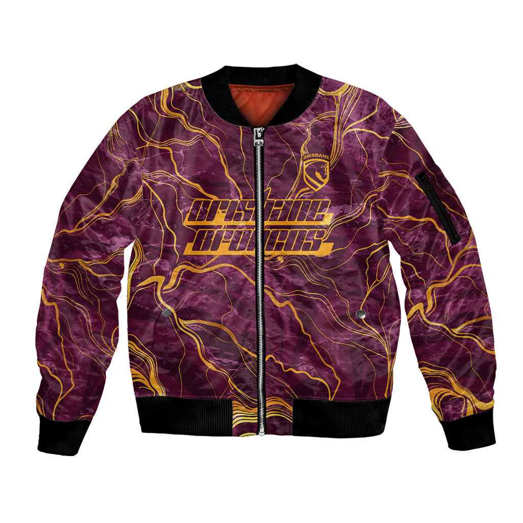 Brisbane Broncos Sleeve Zip Bomber Jacket Gold Marble Pattern With Vibrant Topography Lines