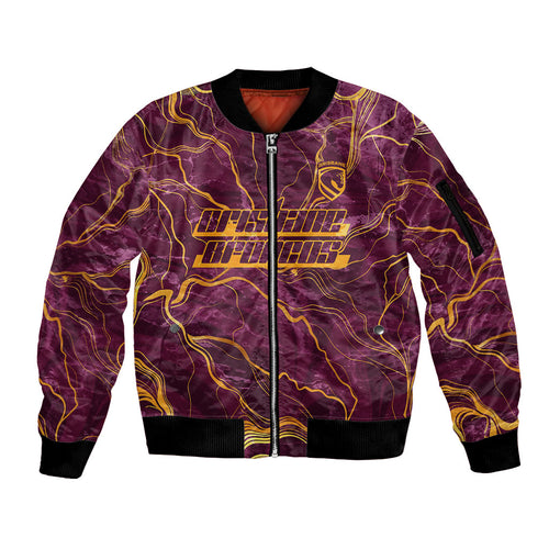 Brisbane Broncos Sleeve Zip Bomber Jacket Gold Marble Pattern With Vibrant Topography Lines
