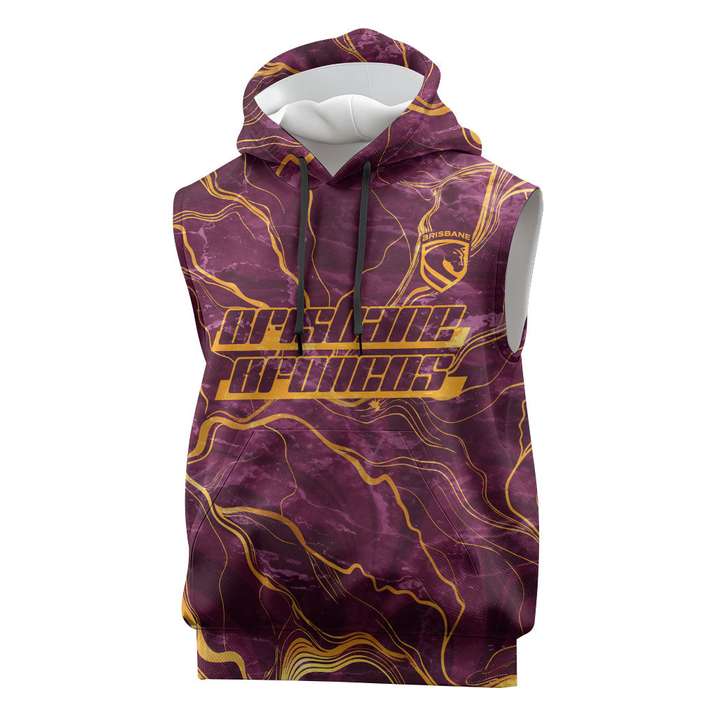 Brisbane Broncos Sleeveless Hoodie Gold Marble Pattern With Vibrant Topography Lines