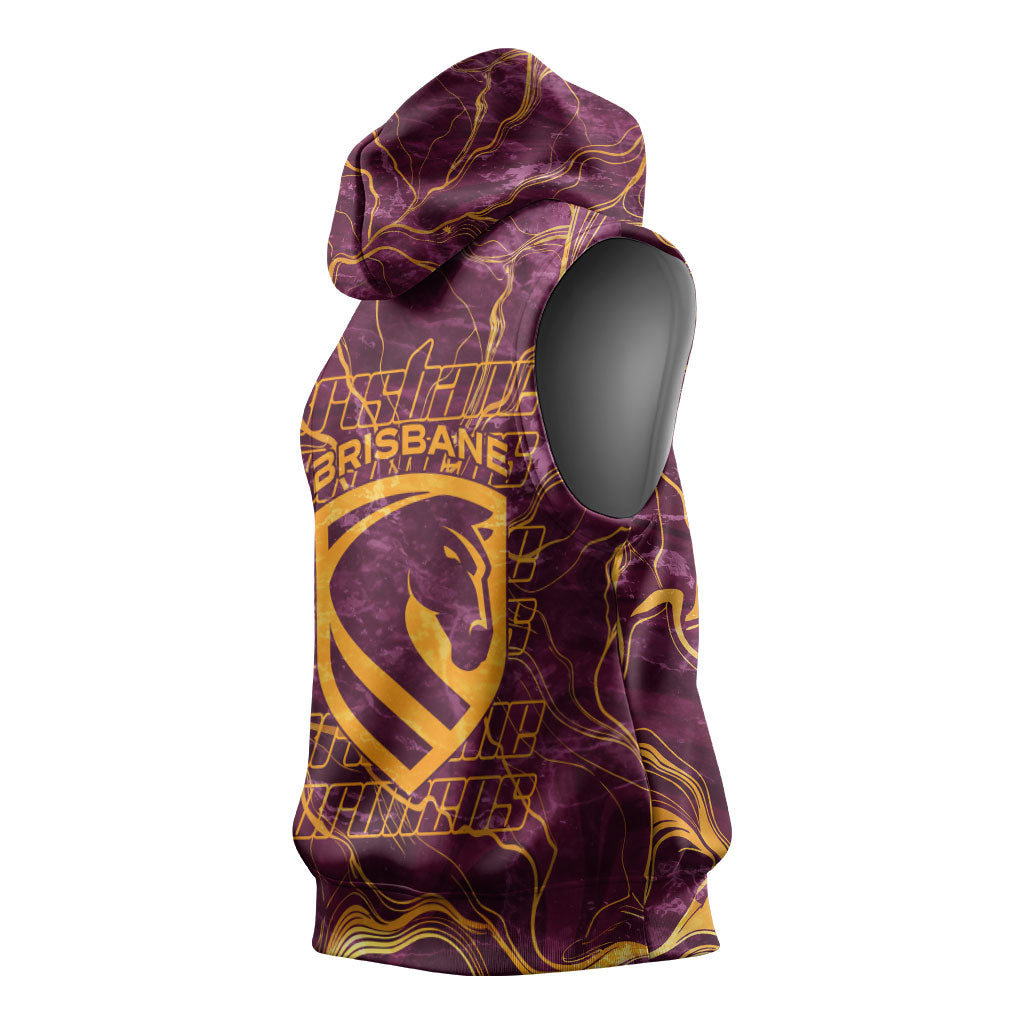 Brisbane Broncos Sleeveless Hoodie Gold Marble Pattern With Vibrant Topography Lines