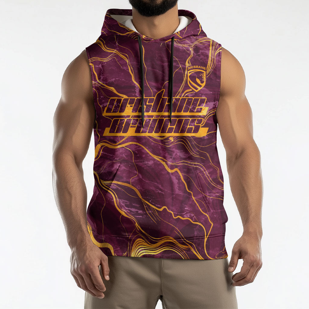 Brisbane Broncos Sleeveless Hoodie Gold Marble Pattern With Vibrant Topography Lines