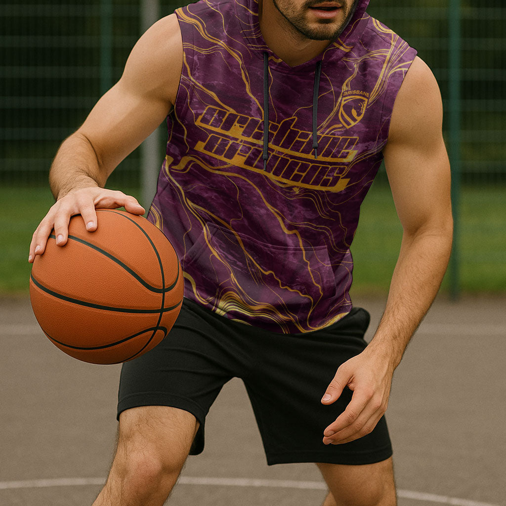 Brisbane Broncos Sleeveless Hoodie Gold Marble Pattern With Vibrant Topography Lines