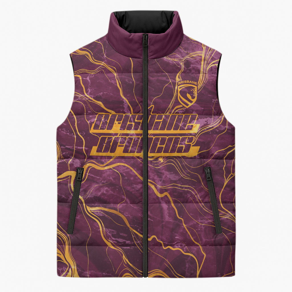 Brisbane Broncos Sleeveless Puffer Jacket Gold Marble Pattern With Vibrant Topography Lines