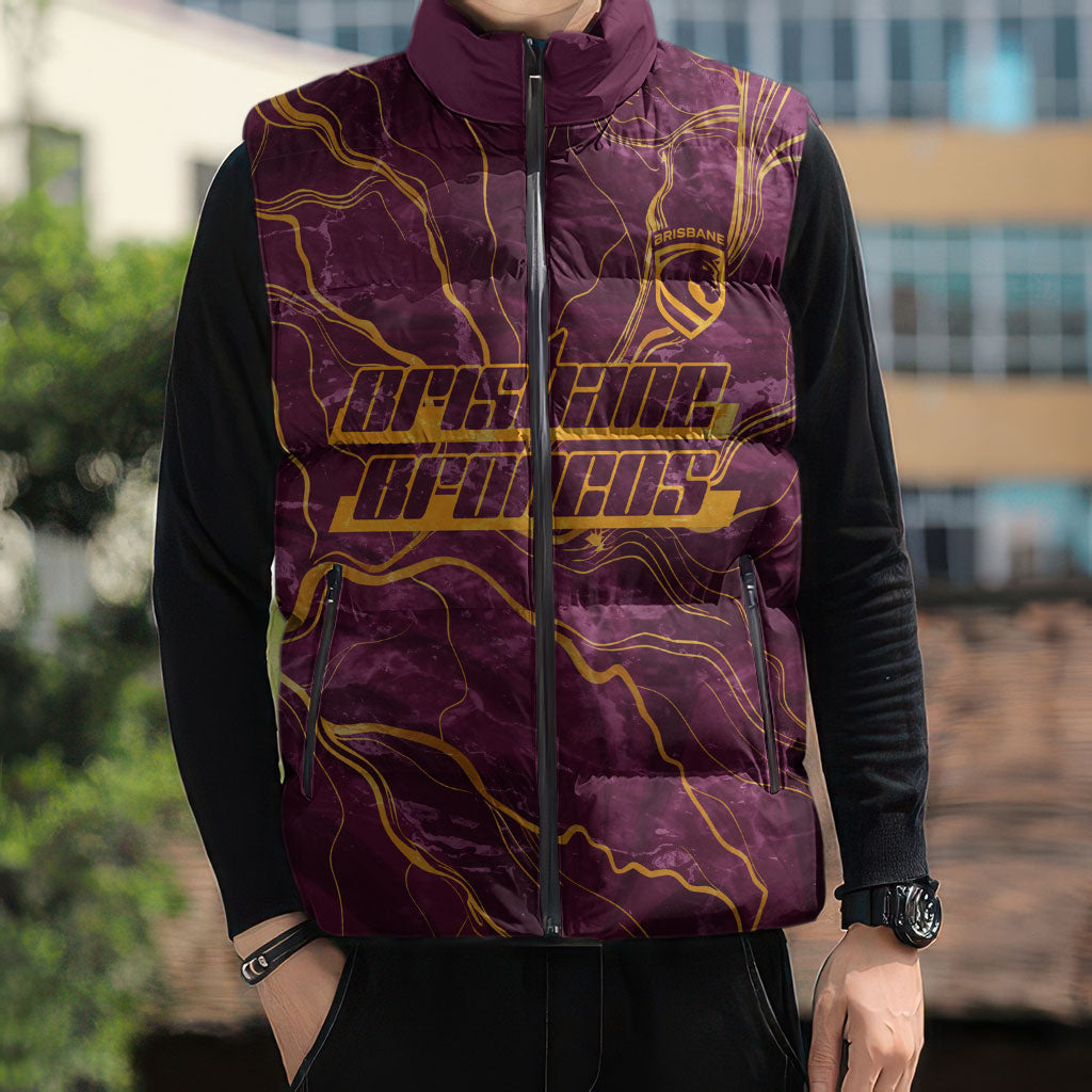 Brisbane Broncos Sleeveless Puffer Jacket Gold Marble Pattern With Vibrant Topography Lines