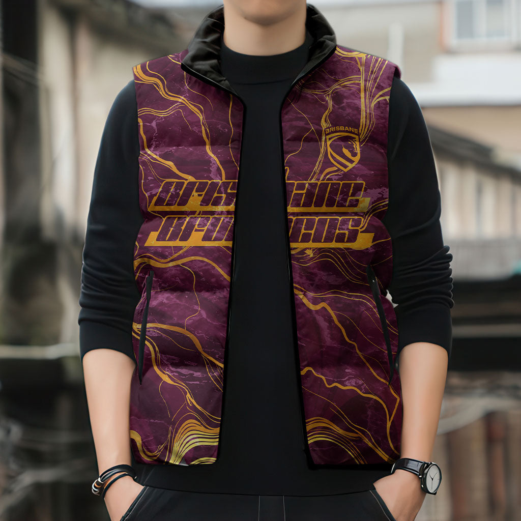 Brisbane Broncos Sleeveless Puffer Jacket Gold Marble Pattern With Vibrant Topography Lines