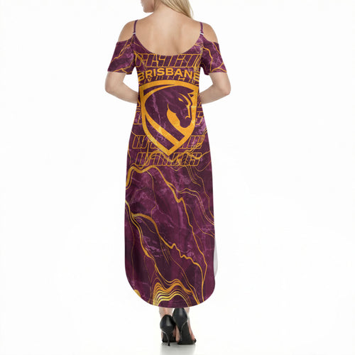 Brisbane Broncos Summer Maxi Dress Gold Marble Pattern With Vibrant Topography Lines