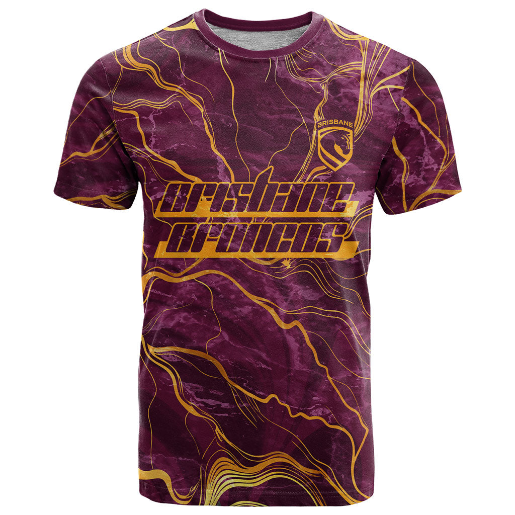 Brisbane Broncos T Shirt Gold Marble Pattern With Vibrant Topography Lines