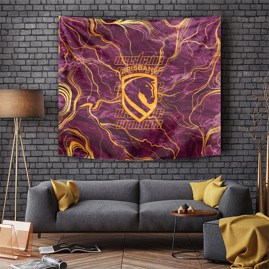 Brisbane Broncos Tapestry Gold Marble Pattern With Vibrant Topography Lines