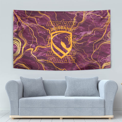 Brisbane Broncos Tapestry Gold Marble Pattern With Vibrant Topography Lines