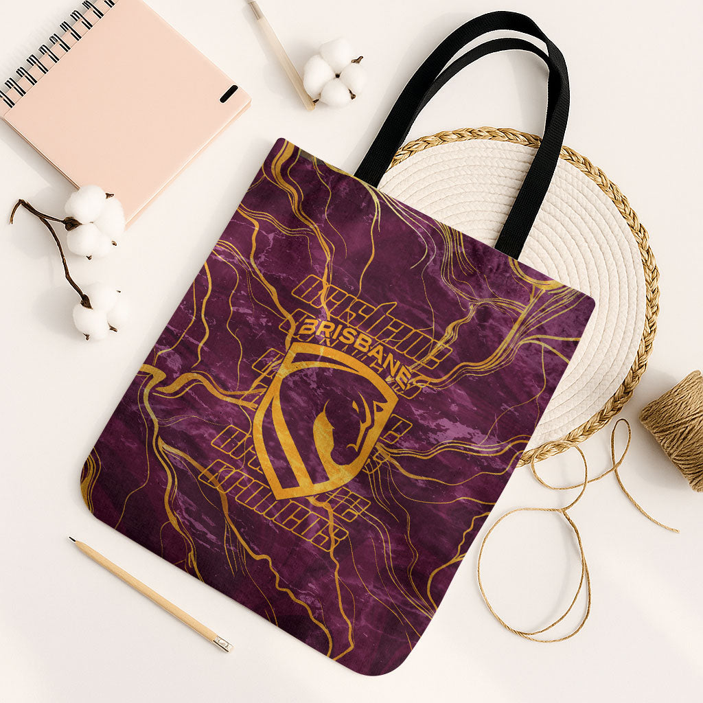 Brisbane Broncos Tote Bag Gold Marble Pattern With Vibrant Topography Lines