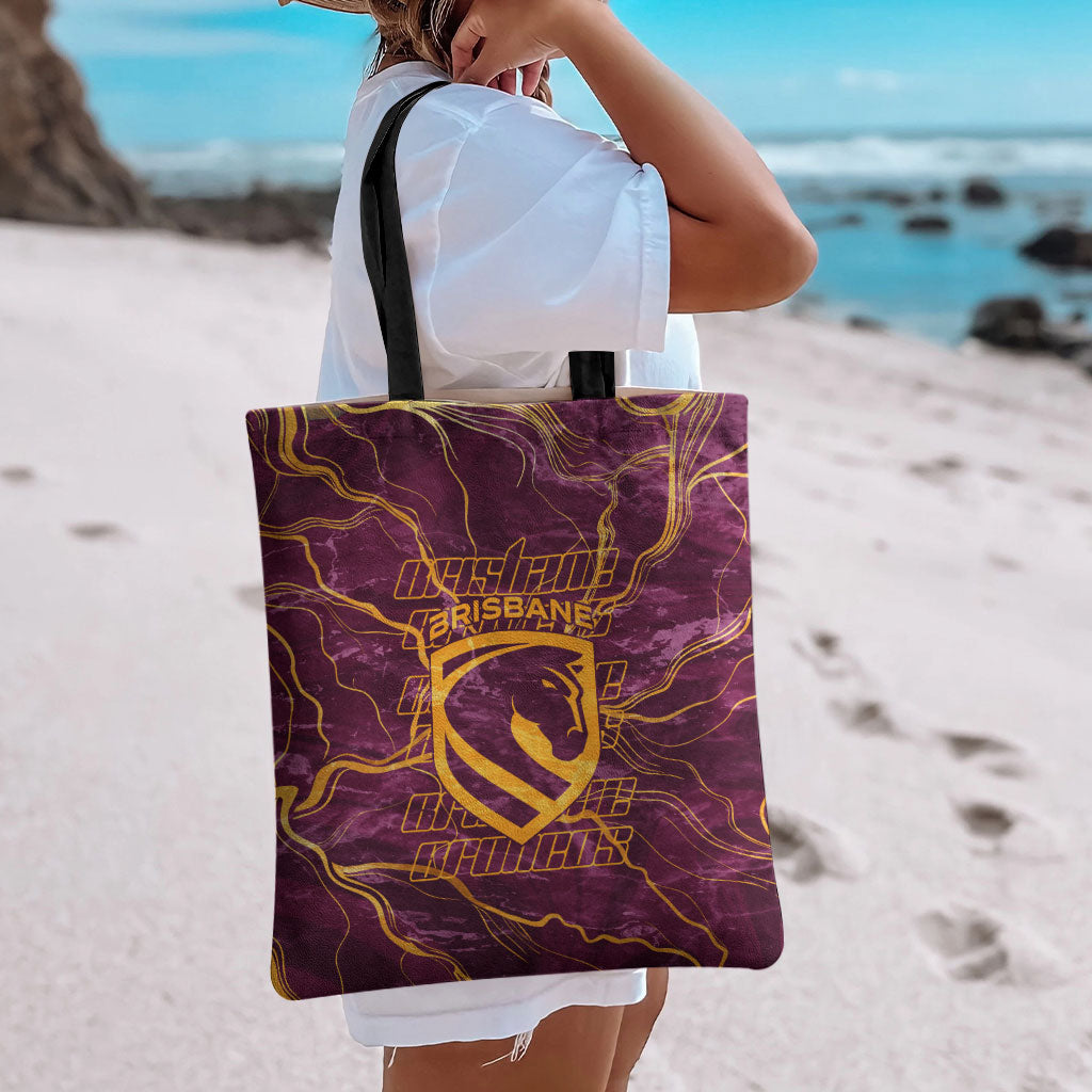 Brisbane Broncos Tote Bag Gold Marble Pattern With Vibrant Topography Lines