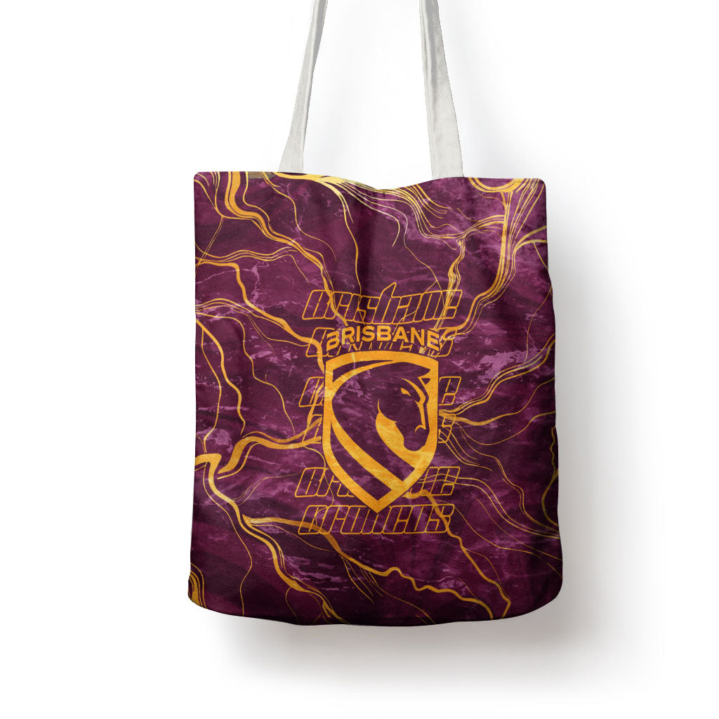 Brisbane Broncos Tote Bag Gold Marble Pattern With Vibrant Topography Lines