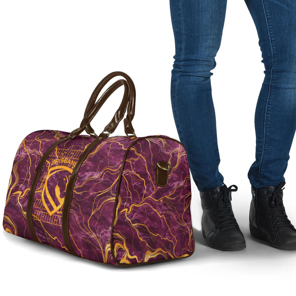 Brisbane Broncos Travel Bag Gold Marble Pattern With Vibrant Topography Lines