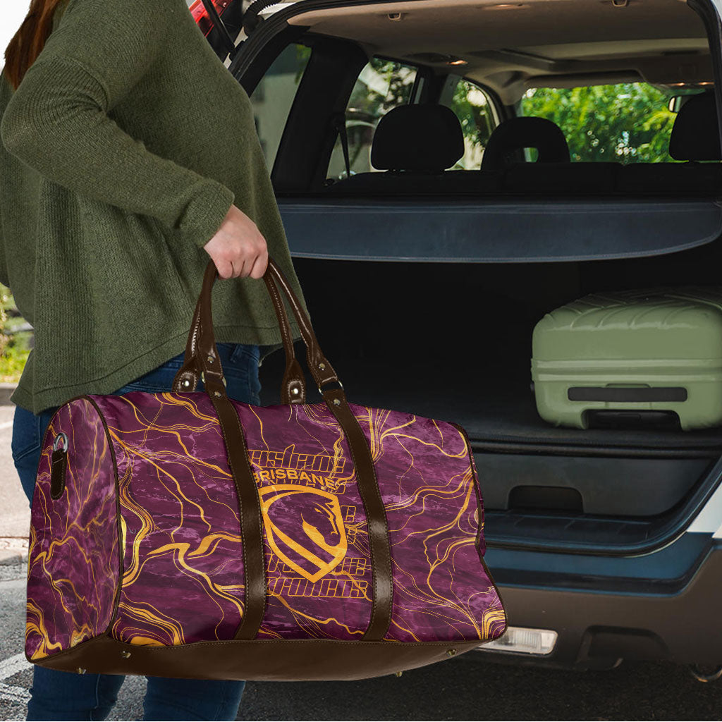 Brisbane Broncos Travel Bag Gold Marble Pattern With Vibrant Topography Lines
