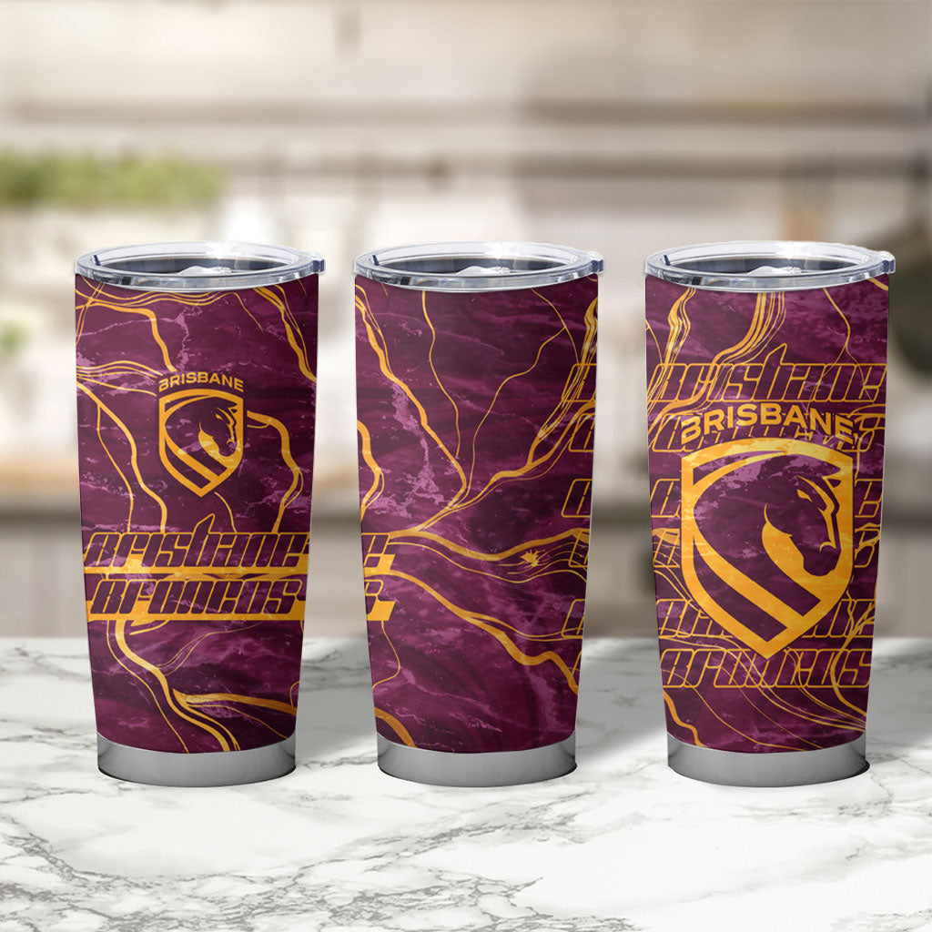 Brisbane Broncos Tumbler Cup Gold Marble Pattern With Vibrant Topography Lines