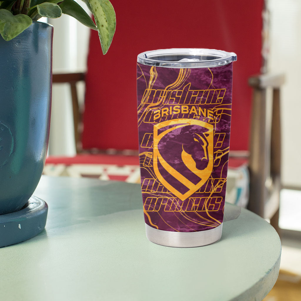 Brisbane Broncos Tumbler Cup Gold Marble Pattern With Vibrant Topography Lines