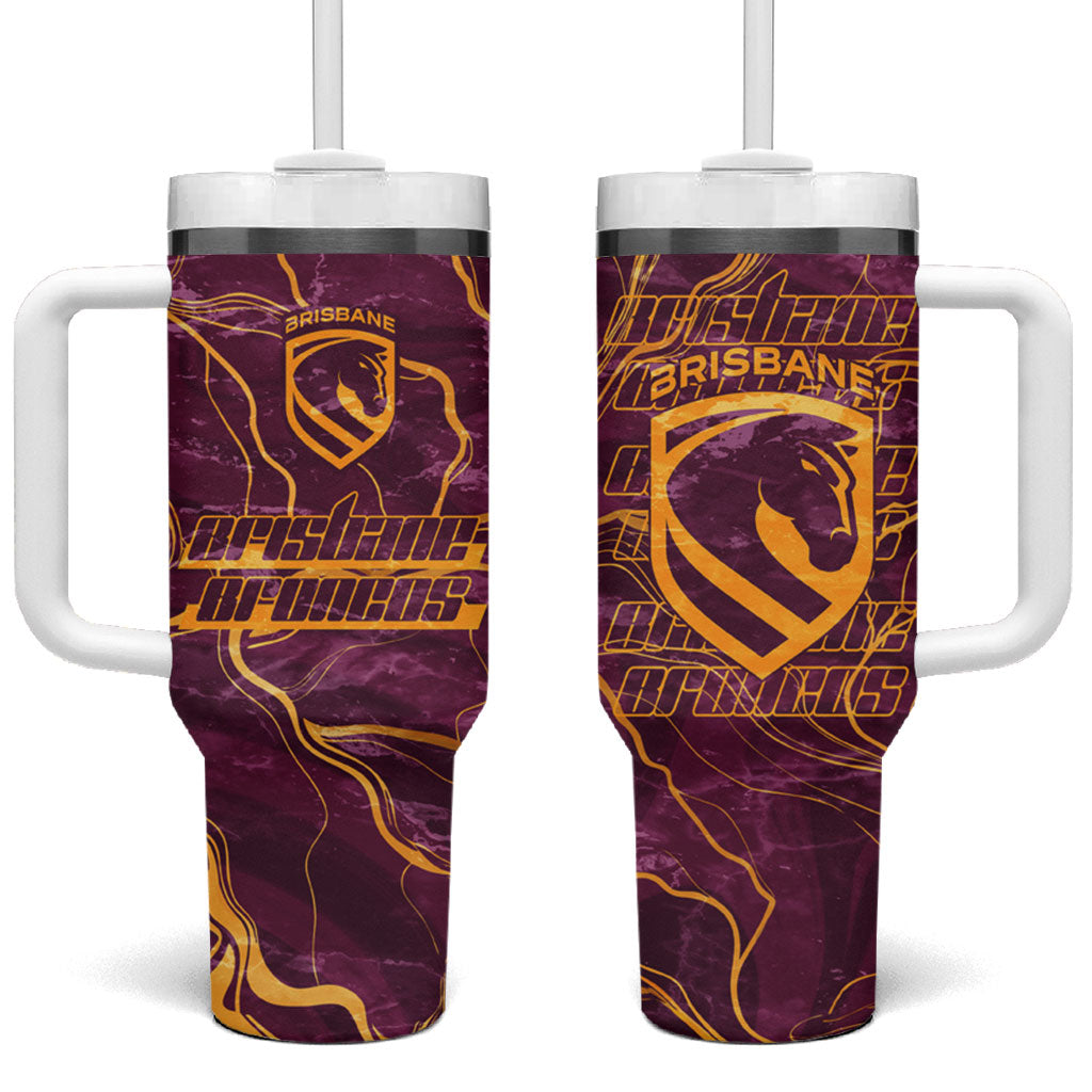 Brisbane Broncos Tumbler With Handle Gold Marble Pattern With Vibrant Topography Lines