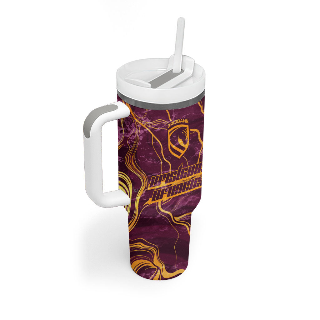 Brisbane Broncos Tumbler With Handle Gold Marble Pattern With Vibrant Topography Lines