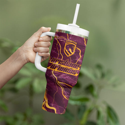Brisbane Broncos Tumbler With Handle Gold Marble Pattern With Vibrant Topography Lines